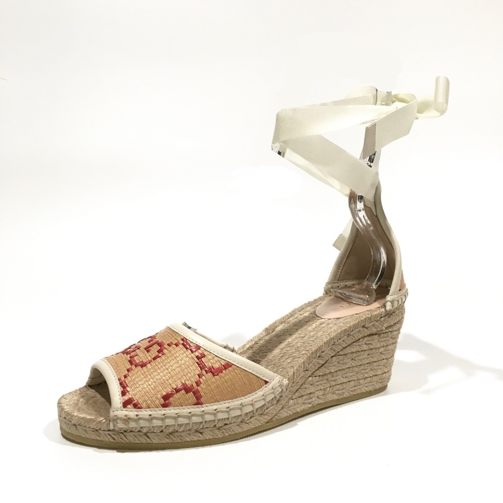 GUCCI GG ESPADRILLE WEDGE SANDAL -ANKLE TIE -NATURAL BEIGE -WOMEN US 9.5 -NEW